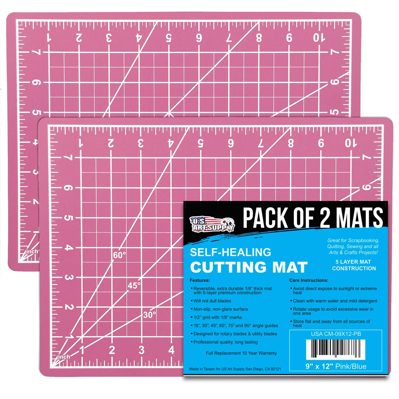 9" x 12" Self-Healing Cutting Mat 5-Ply (2 Pack) - Double-Sided Pink/Blue Craft Mat, Non-Slip Cutting Mats for Crafts, Sewing, Quilting, Scrapbooking